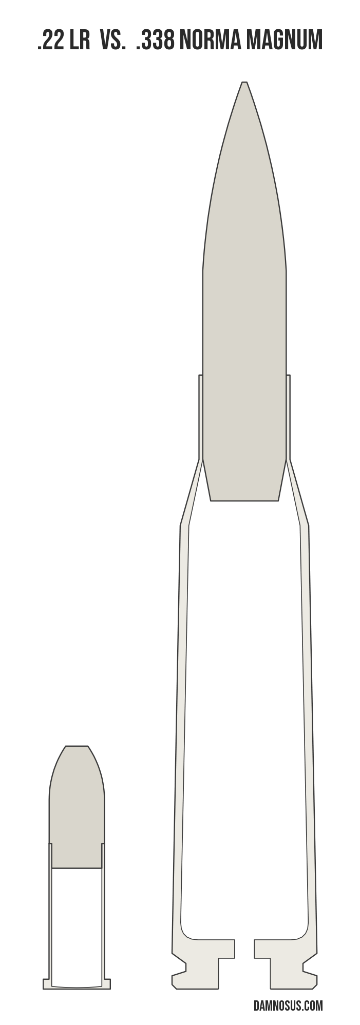 .22 LR vs .338 Norma Magnum cartridge size comparison, drawn to scale and aligned at the case head.