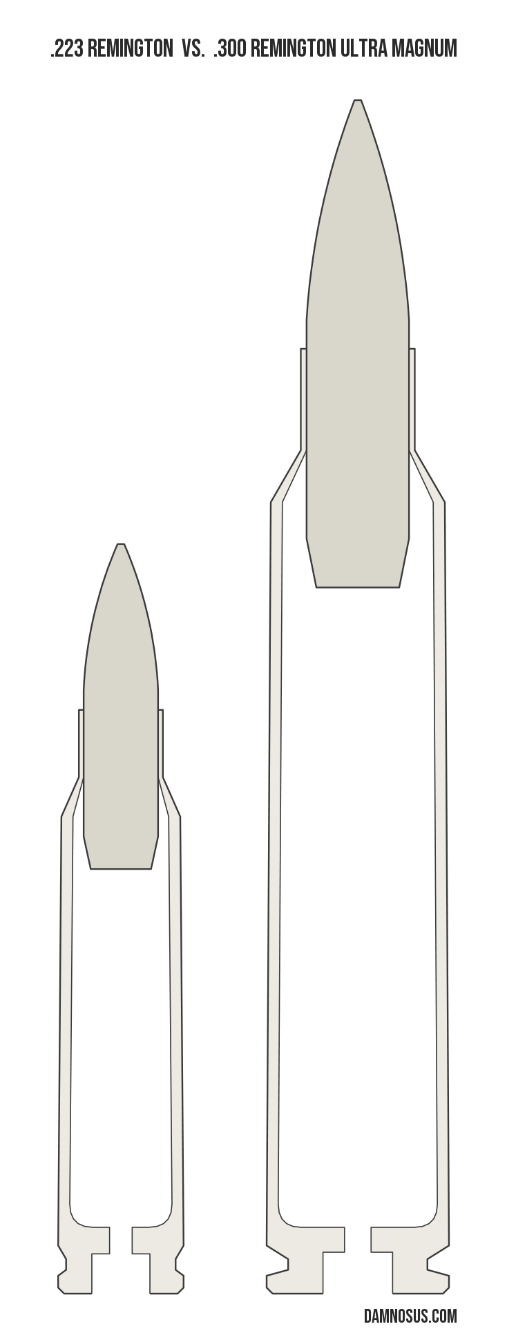 .223 Remington vs .300 Remington Ultra Magnum cartridge size comparison, drawn to scale and aligned at the case head.