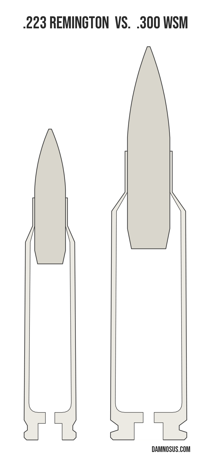 .223 Remington vs .300 WSM cartridge size comparison, drawn to scale and aligned at the case head.