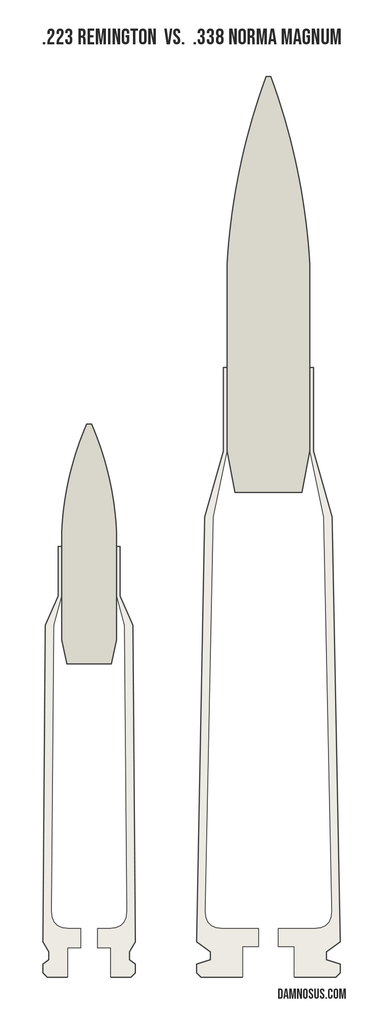 .223 Remington vs .338 Norma Magnum cartridge size comparison, drawn to scale and aligned at the case head.