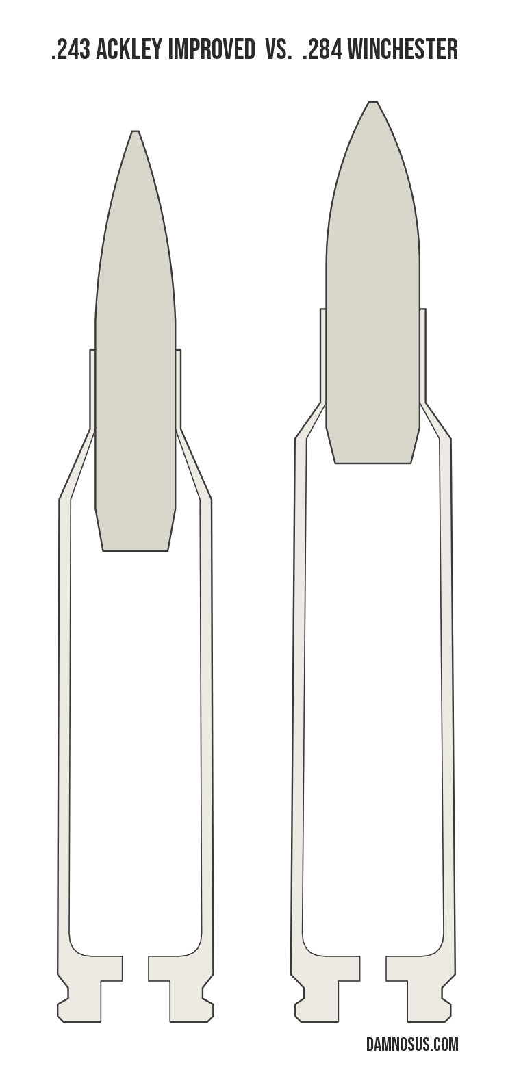 .243 Ackley Improved vs .284 Winchester cartridge size comparison, drawn to scale and aligned at the case head.