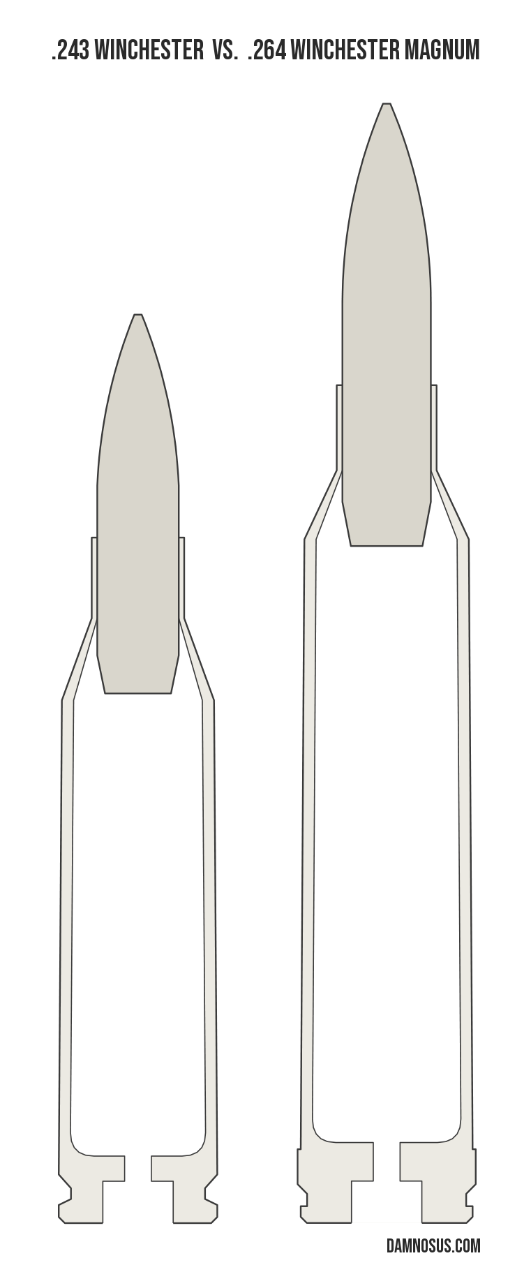.243 Winchester vs .264 Winchester Magnum cartridge size comparison, drawn to scale and aligned at the case head.