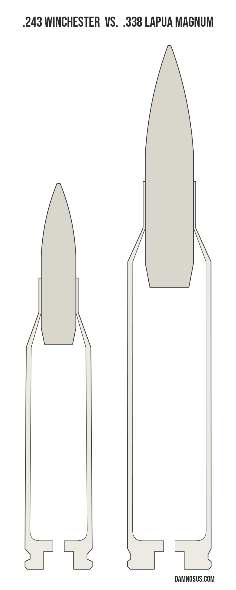 .243 Winchester vs .338 Lapua Magnum cartridge size comparison, drawn to scale and aligned at the case head.