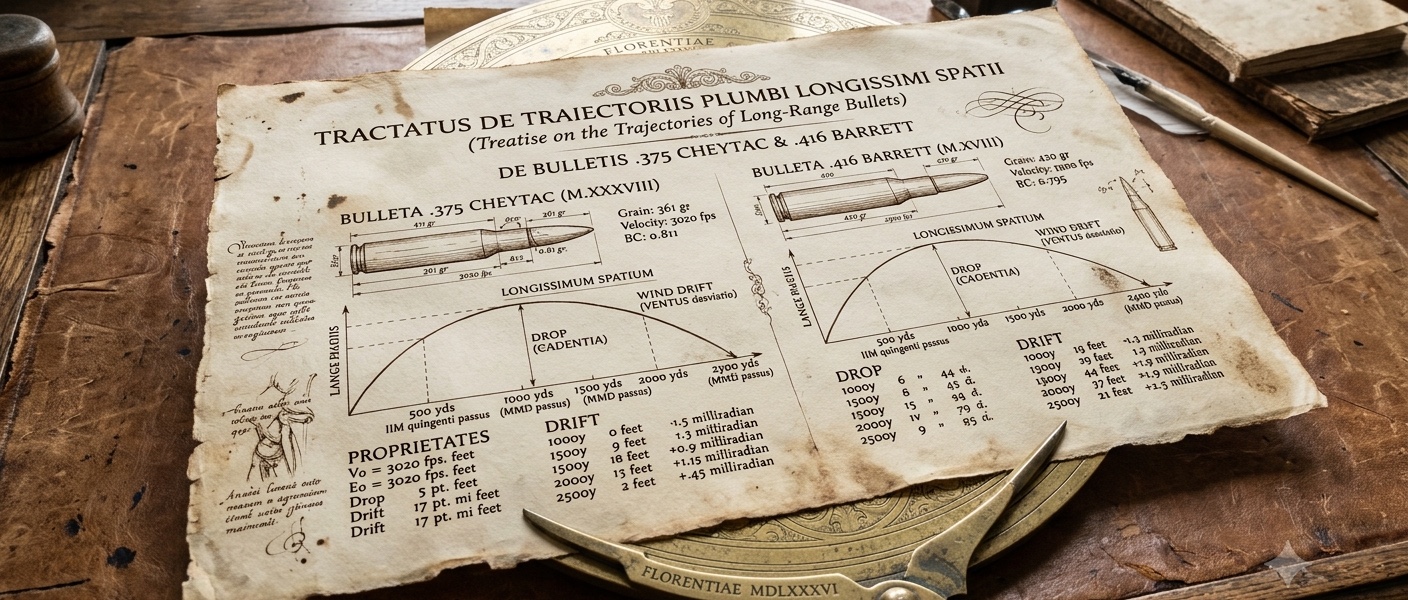 An antique Latin treatise on long-range bullet trajectories, hand-drawn drop and wind-drift charts for the .375 CheyTac and .416 Barrett on aged parchment over a wooden desk.